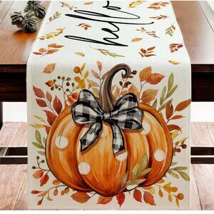 Pumpkin Table Runner Fall Leaves Cloth Cottage Decor Thanksgiving Decoration 72"